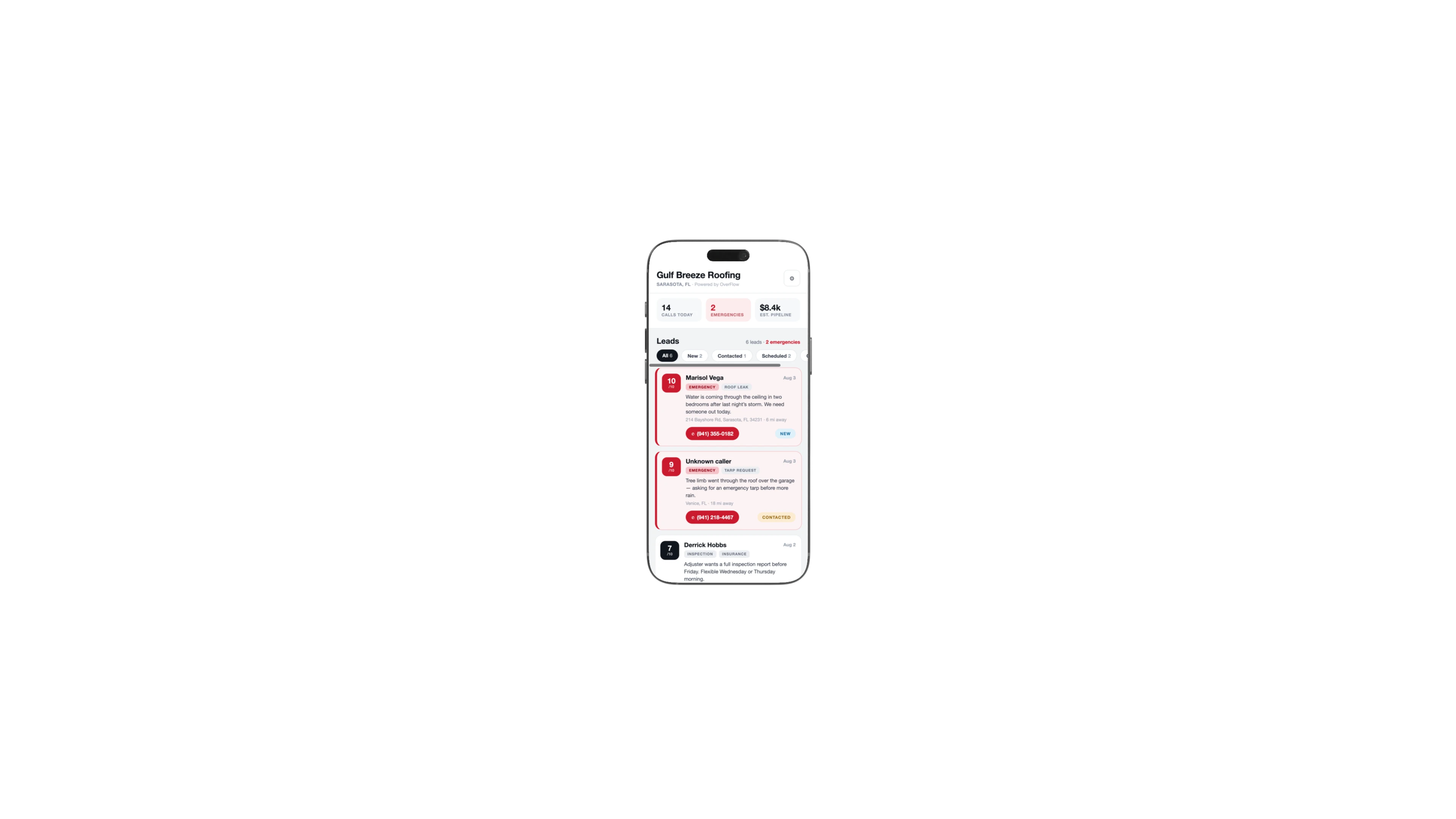 OverFlow lead alert on a contractor's phone